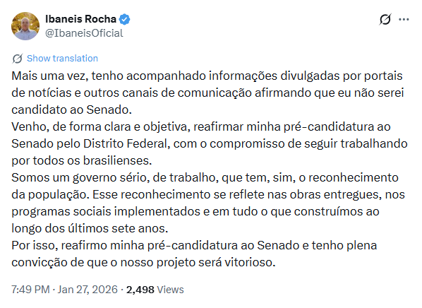 Ibaneis Rocha Lança Pré-Candidatura ao Senado: ‘Vamos Vencer’ Ibaneis Rocha Lança Pré-Candidatura ao Senado: 'Vamos Vencer'